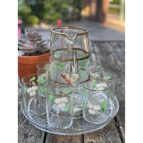 Vintage Handblown Glass Serving Set Jug & 6 Glass Hand Painted with Tray Gold Ri - Picture 5 of 10